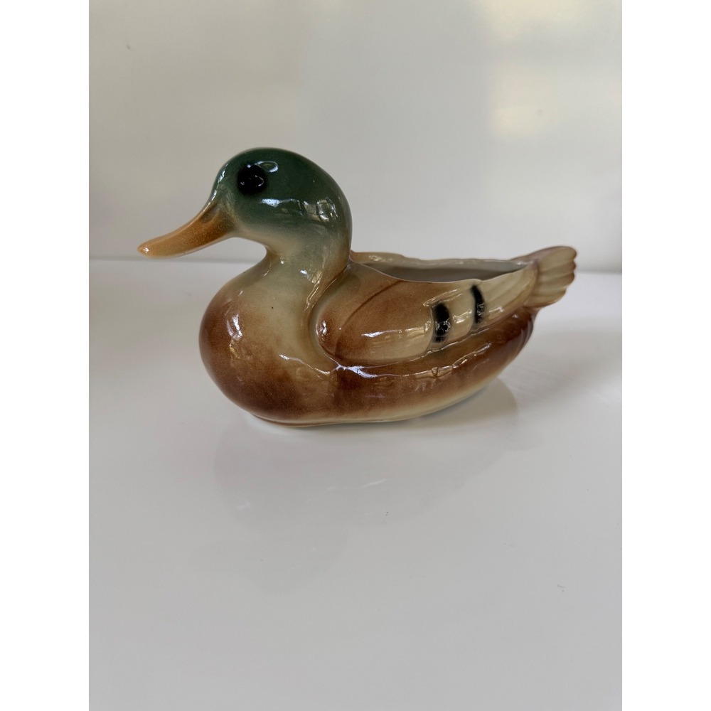 Vintage Ceramic Mallard Duck Planter Figurine Green Head Drake 7.5 Inch